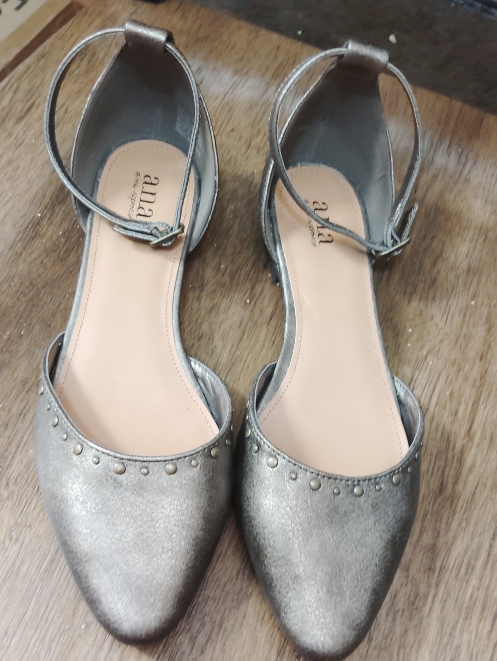 a.n.a Metallic Pointed-Toe Ankle-Strap Flats in Silver